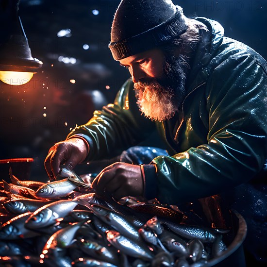 Fisherman meticulously sorting through catch separating valuable fish discarding bycatch, AI generated, deep sea, fish, squid, bioluminescent, glowing, light, water, ocean