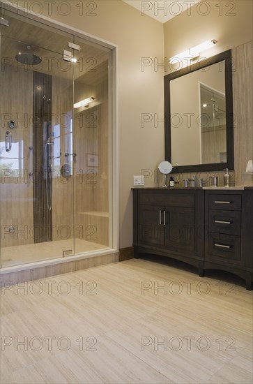 Main bathroom with double steam glass shower stall and vanity in extension inside luxurious log cabin home, Quebec, Canada, North America