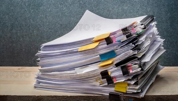A confusing pile of documents and files with labels on a desk, symbol bureaucracy, AI generated, AI generated