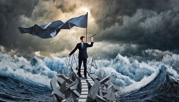 A man stands on rubble and triumphantly holds a flag against stormy seas, symbolising bureaucracy, AI generated, AI generated