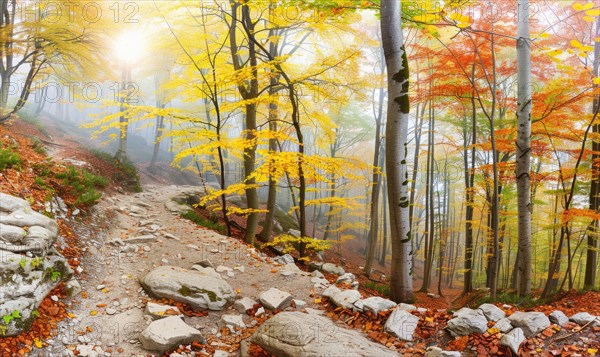 Peaceful forest path in autumn with vibrant leaves, surrounded by fog and sunlight AI generated
