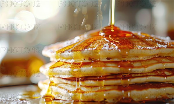 Close-up of syrup splashing onto a vibrant stack of golden pancakes AI generated