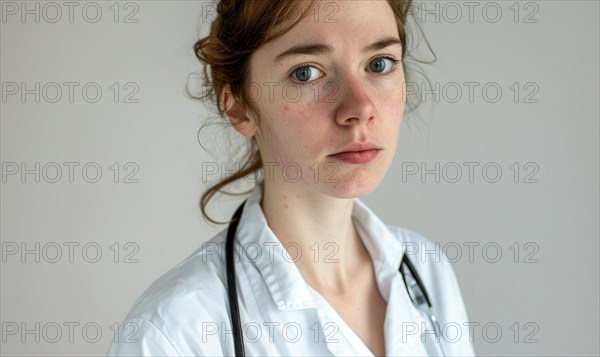A stern-looking female doctor in a white coat with a stethoscope portrays professionalism AI generated