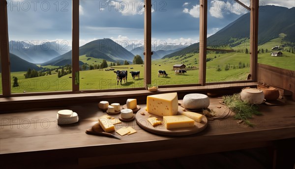 Cheese production on a farm in the alps mountains, cows graze in the mountains, AI generated