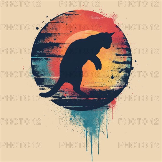 A vibrant abstract design featuring a cat silhouette with a colorful backdrop and paint drips, AI generated