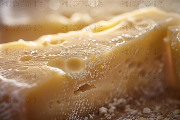 Close-up of a piece of parmesan cheese highlighting its texture and water droplets, AI generated