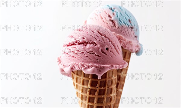 Neapolitan ice cream cones on white background AI generated