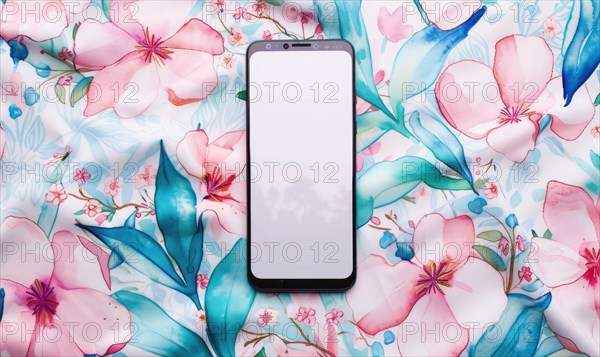 Smartphone mockup on watercolor floral patter AI generated