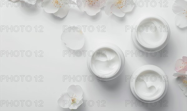 Three creme jar blank mockups nestled amidst delicate flower petals on a white background AI generated