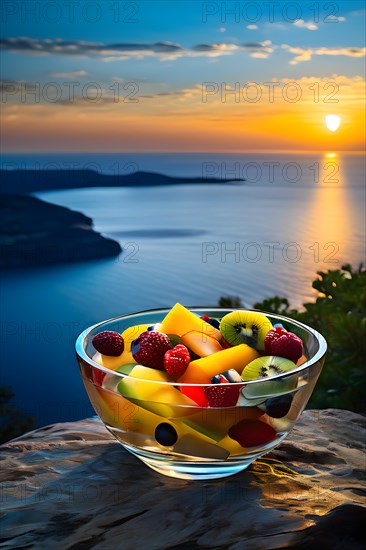 Glass bowl brimming with colorful fruit salad perched on a cliffs edge vast ocean, AI generated