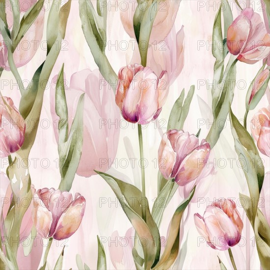 Seamless tulip watercolor flowers pattern AI generated