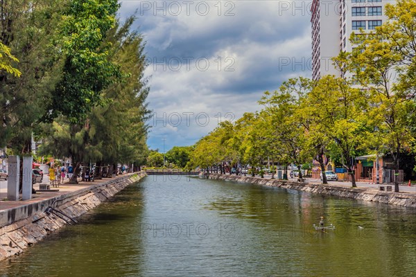 A serene urban canal lined with trees and a walking path under a cloudy sky, in Chiang Mai, Thailand, Asia