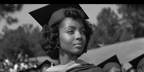 A poignantly poised black female graduate in side profile, 1960s film modd, black-and-white, AI generated