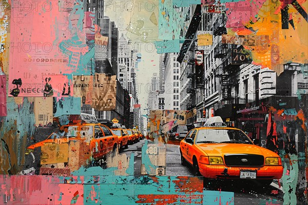 Colorful pop art style cityscape with taxis and vibrant depiction of New York streets, illustration, AI generated