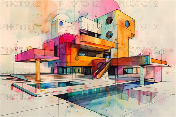 A vibrant watercolor painting depicting an abstract, geometrically designed modern building, AI generated