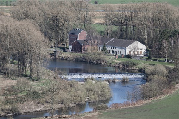 Volmarstein waterworks, top view from Volmarstein Castle, Ruhr makes a bend and flows down the weir, in the background bare high trees and fields, banks of the Ruhr, Ruhrauen, Wetter an der Ruhr, Ruhr area, Germany, Europe