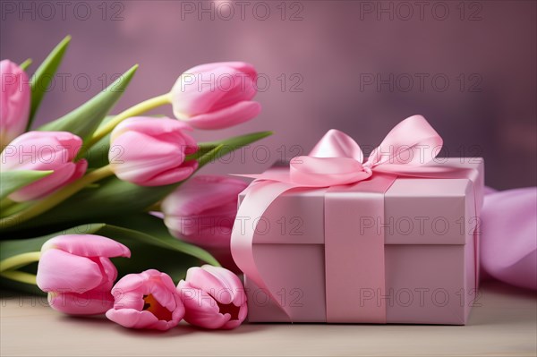 Gift Box with Pink Ribbon Beside bouquet of Fresh Tulips on Bokeh Background. Good for Valentine day, March 8, mother day, spring holidays, birthday designs, AI generated