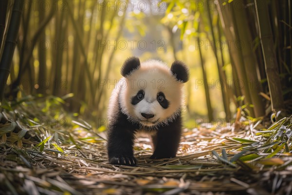Cute panda cub in a lush bamboo grove, The image showcases the beauty and serenity of nature and wildlife. Endangered species, AI generated