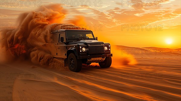 A vehicle speeding in the desert at sunset, kicking up a trail of sand, AI generated