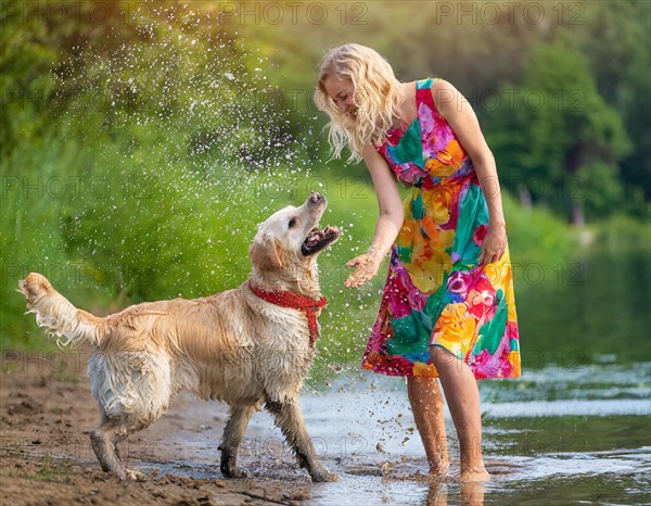 A woman plays on the shore with a splashing dog, Labrador, on a sunny summer day, AI generated, AI generated