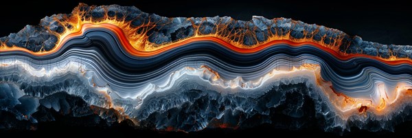 Abstract digital artwork showing contrasting textures suggestive of flowing lava and ice, AI generated