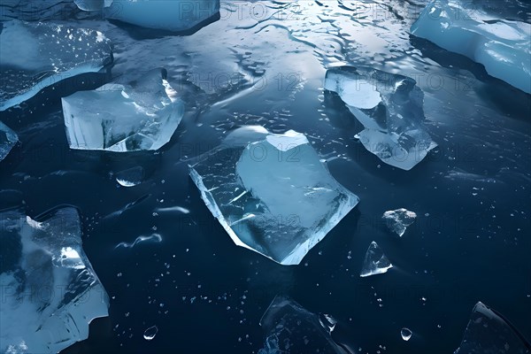 Ice chunks floating in dark oil slicked water showing the impact of oil spills on polar regions, AI generated