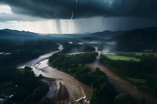 Heavy rainfall pouring on an already saturated ground leading to mudslides captured in a stormy twilight, AI generated