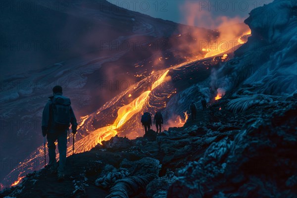 Tourists, hiking group, expedition, onlookers on the way to an active volcano, surrounded by hot, partially cooled lava flows, symbolic image for volcano tourism, disaster tourism, travel trends and the associated dangers, AI generated, AI generated, AI generated