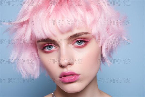 Portrait of young woman with short pastel pink hair and pink makeup on blue studio background. KI generiert, generiert, AI generated