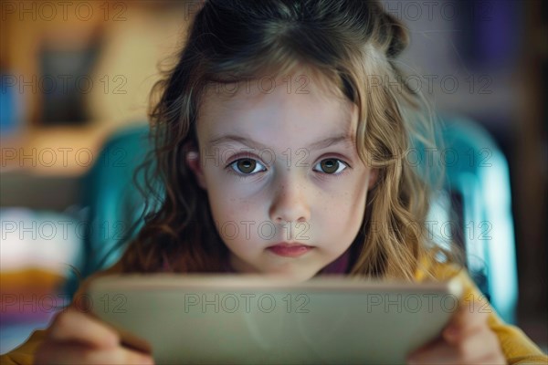 A pre-school girl sits in a classroom and looks intently at a digital tablet, symbol image, digital teaching, learning environment, media skills, eLearning, media education, AI generated, AI generated, AI generated