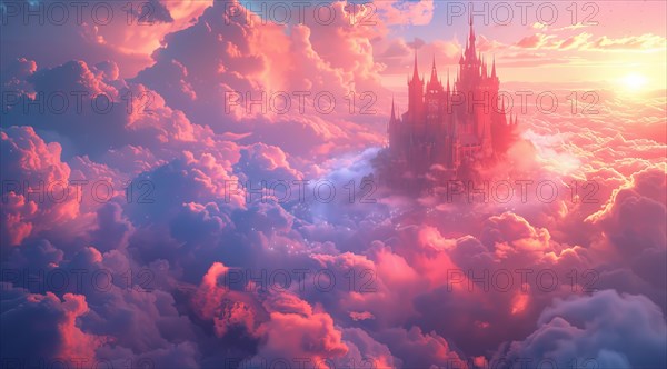 Majestic fantasy castle amid a dreamlike cloudscape with a sunrise backdrop, ai generated, AI generated