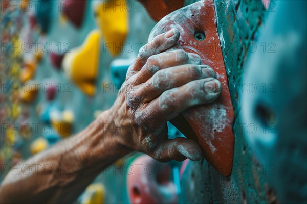 Close up of hand with chalk grabbing grip on artificial rock wall. KI generiert, generiert, AI generated