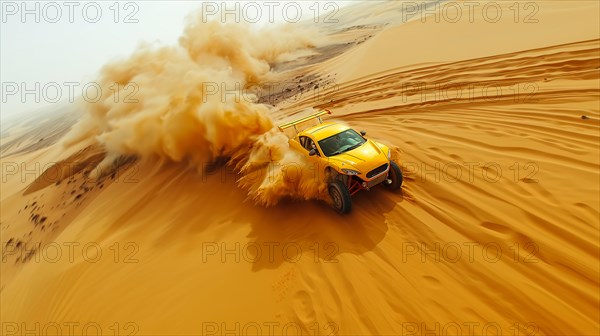 Performance car racing up a sandy dune, kicking up a cloud of dust, action sports photography, AI generated