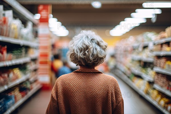 Back vie wof senior woman with gray hair in supermarket grocery store. KI generiert, generiert, AI generated
