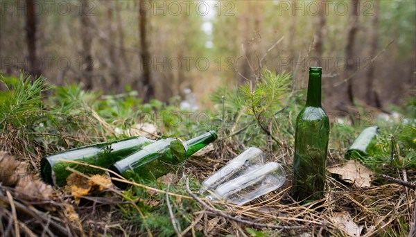 There are some empty glass bottles in the forest, some broken, pollution, AI generated, AI generated
