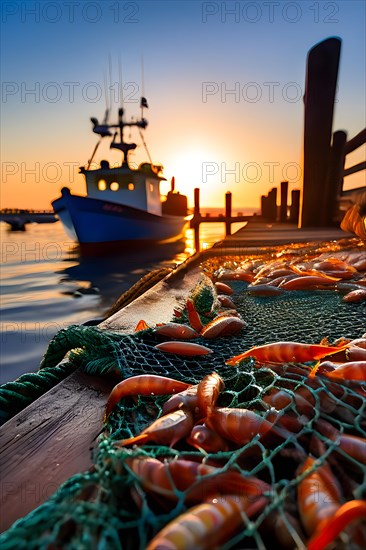 Commercial fishing net cascading onto the dock overflowing with caught shrimp fish and incidentally bycatch, AI generated, deep sea, fish, squid, bioluminescent, glowing, light, water, ocean