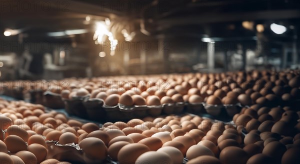 Egg production in a factory, eggs on a conveyor belt, AI generated