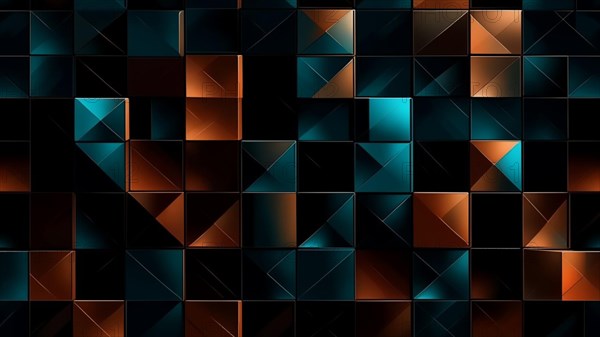 An abstract pattern of metallic shimmering squares in teal and copper tones on a dark background, AI generated