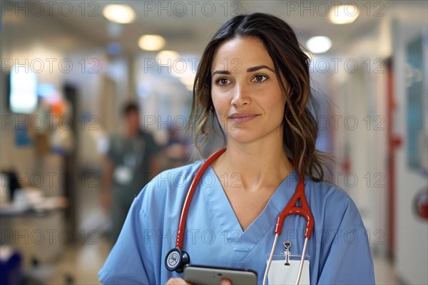 Smiling nurse in blue scrubs holding a stethoscope in a hospital corridor, AI generated