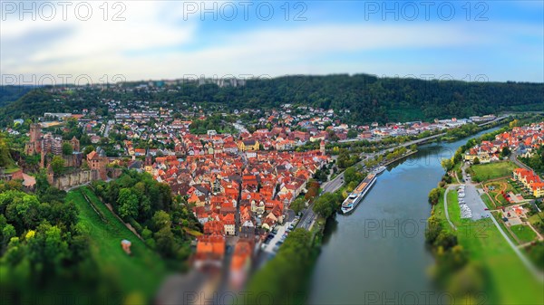 Aerial view of Wertheim am Main with a view of the castle. Wertheim, Main-Tauber district, Stuttgart, Baden-Wuerttemberg, Germany, Europe