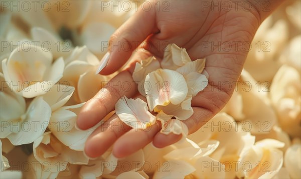 Close-up of a woman's hand with a neutral manicure, adorned with delicate flower petals AI generated