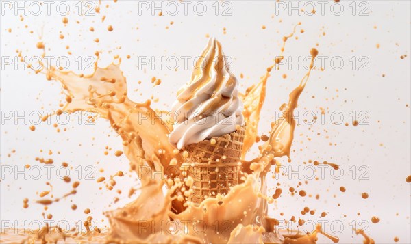 Ice cream cone explosion on white background AI generated