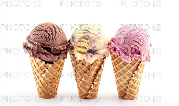 Neapolitan ice cream cones on white background AI generated