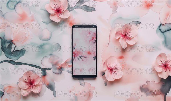 Smartphone mockup on watercolor floral patter AI generated