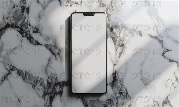 Smartphone mockup with a blank screen on a sleek marble background AI generated