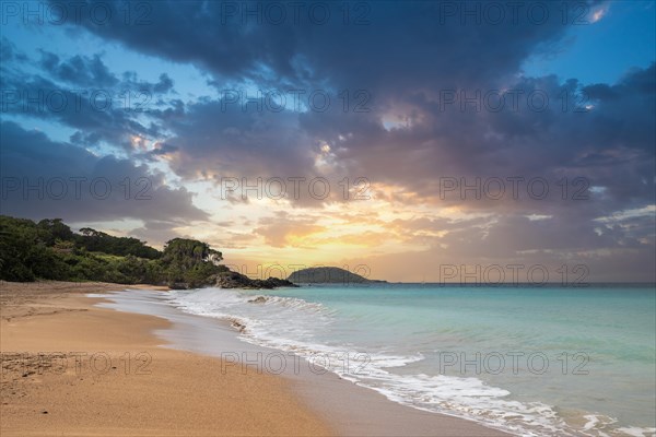 Lonely, wide sandy beach with turquoise-coloured sea. Tropical plants in a bay at sunset in the Caribbean. Plage de Cluny, Basse Terre, Guadeloupe, French Antilles, North America