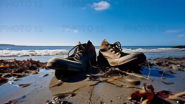 Pair of empty shoes on the shore of a beach marred by plastic waste symbolizing human influence, AI generated