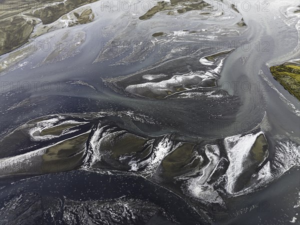 Overgrown river landscape, Eldhraun, near Kirkjubaejarklaustur, drone image, Sudurland, Iceland, Europe