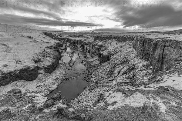 Hrauneyjarfoss waterfalls, onset of winter, black and white photo, Sudurland, Iceland, Europe