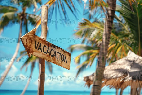 Wooden sign with text 'Vacation' in front of blue sky and tropical palm tree. KI generiert, generiert, AI generated